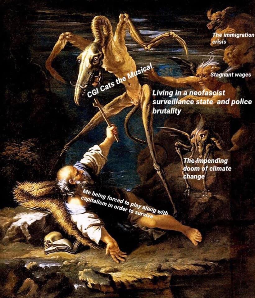 This meme is a humorous illustration of a chaotic and apocalyptic scenario, with a central image of a person being attacked by a monstrous creature. The text overlayed on the image includes phrases like "CGI Cats the Musical", "The apocalypse is coming", and "I'm being attacked by a demonic creature and I'm just here for the free Wi-Fi".